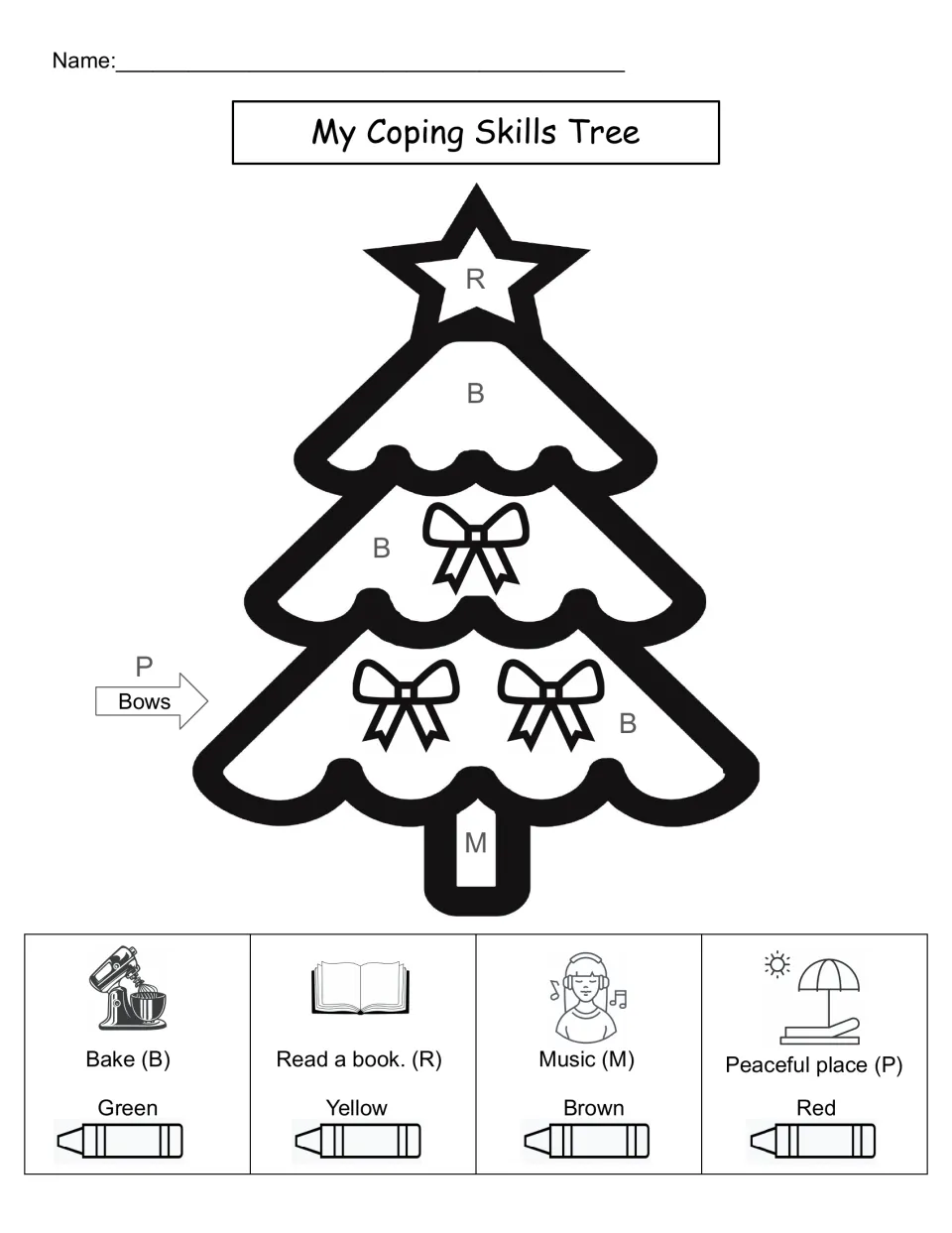 Coping skills tree colour-by-code: colour star, branches, bows and trunk for bake, read a book, music and peaceful place