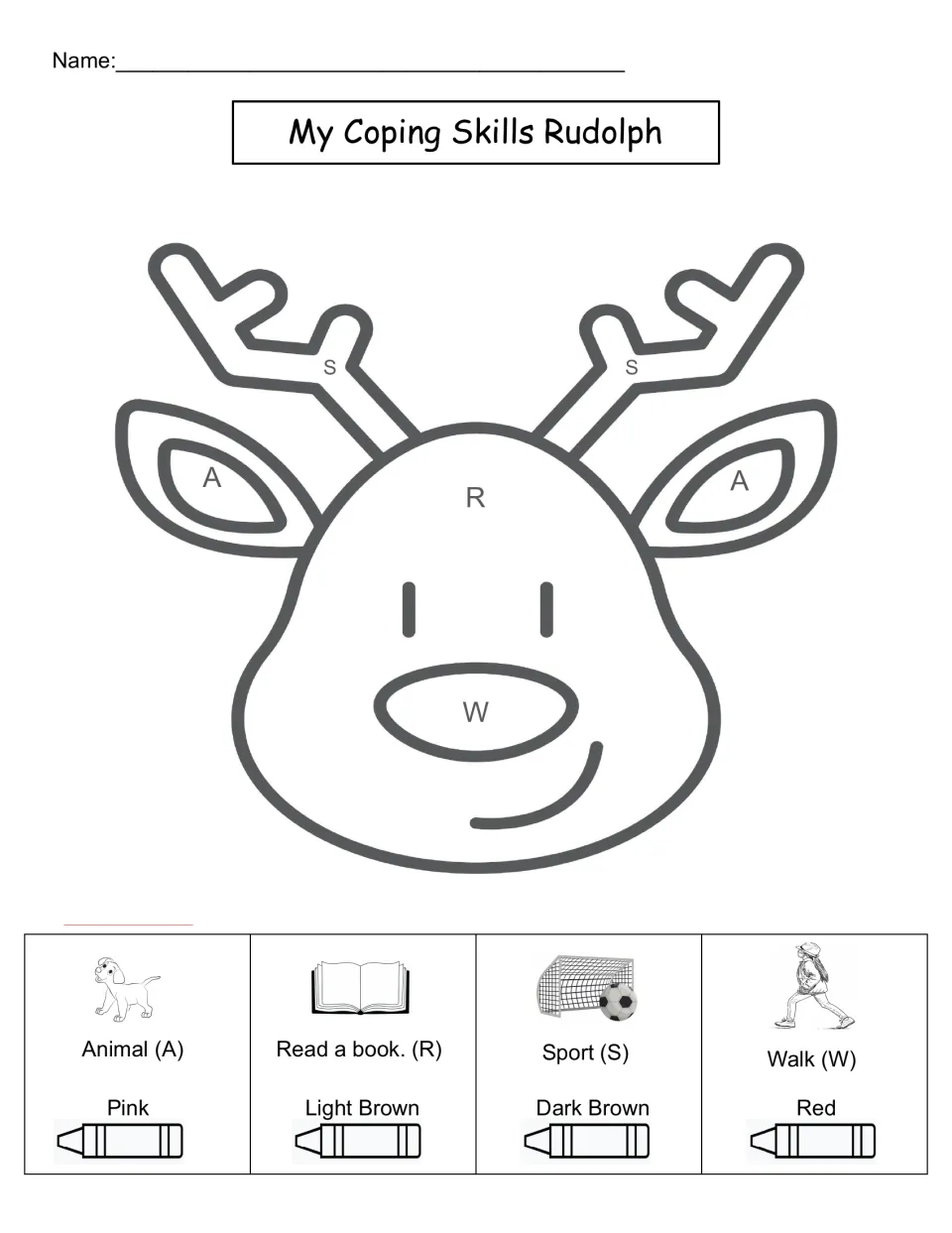 Coping skills Rudolph colour-by-code: colour antlers, ears, face and nose by animal, read a book, sport and walk codes