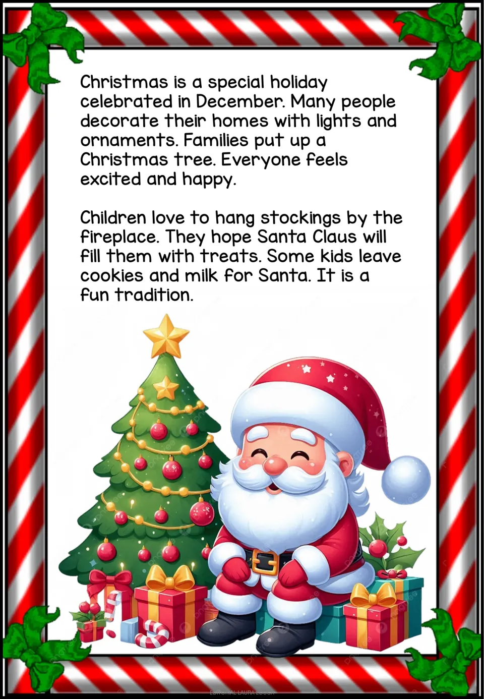 Reading passage, part 1: Christmas decorations, stockings, and leaving cookies and milk for Santa Claus