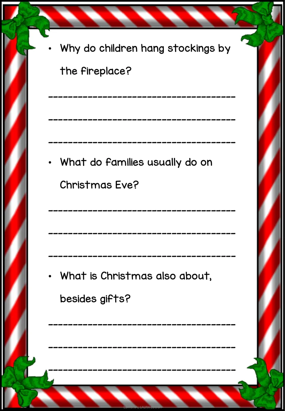 Three comprehension questions ask about hanging stockings, Christmas Eve, and Christmas beyond gifts