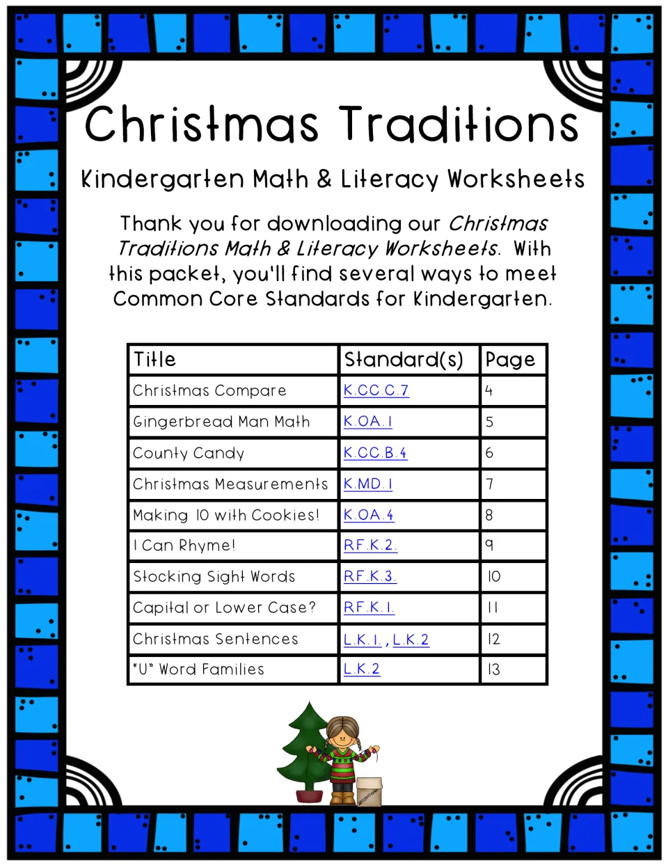 Thank-you note and contents list of 10 activities, Christmas Compare to U Word Families, with standards and pages