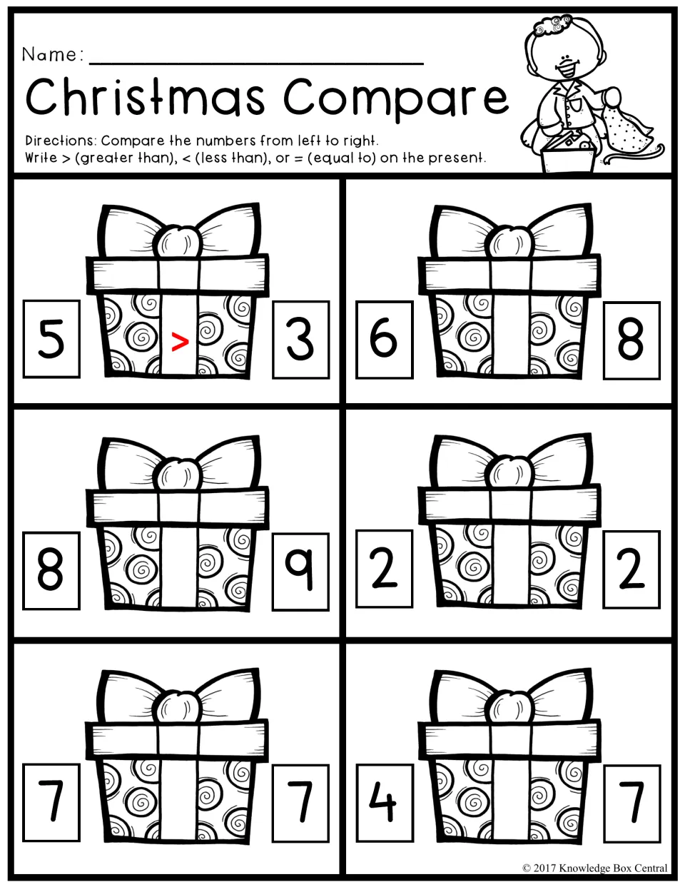 Christmas Compare: students write >, < or = on each present to compare number pairs such as 6 and 8, 2 and 2, 4 and 7