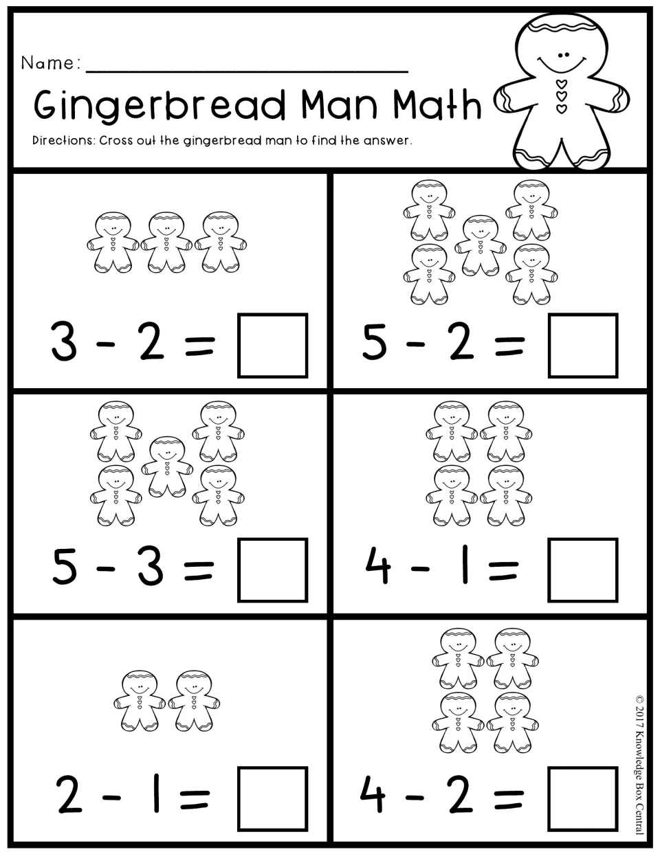 Gingerbread Man Math: students cross out gingerbread men to solve six subtraction facts within 5, such as 3 - 2 and 4 - 1