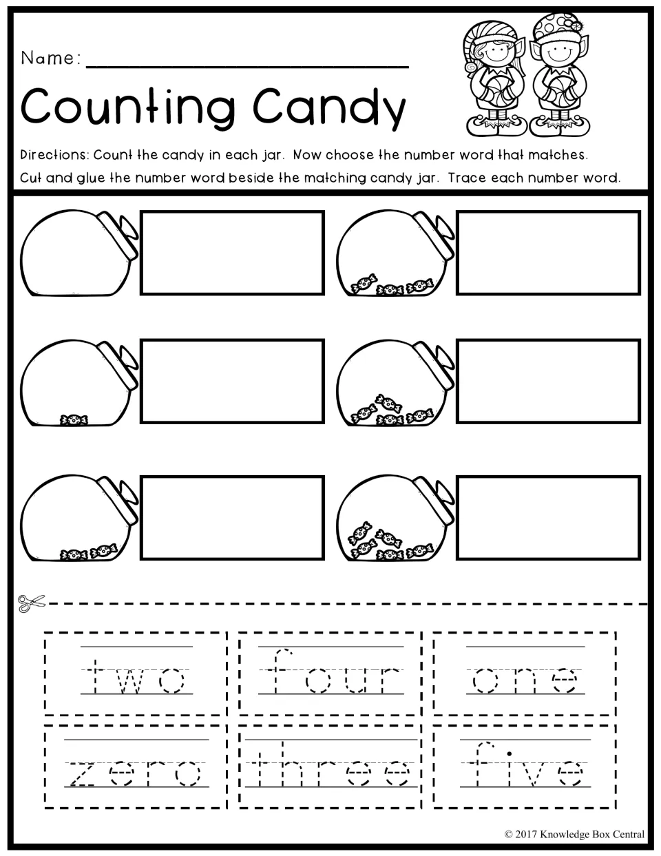 Counting Candy: students count candies in six jars, then cut, trace and glue the matching number word, zero to five