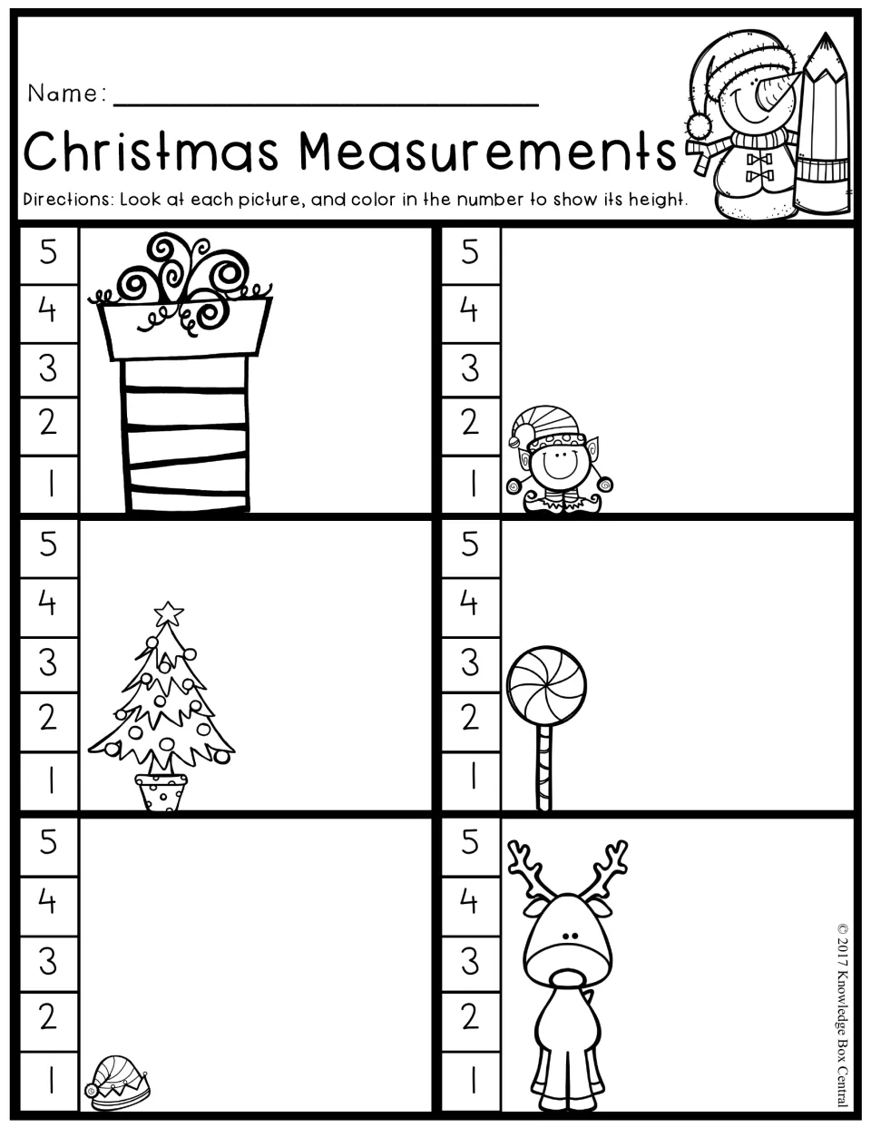 Christmas Measurements: students color 1 to 5 to show the height of a stocking, elf, tree, lollipop, hat and reindeer