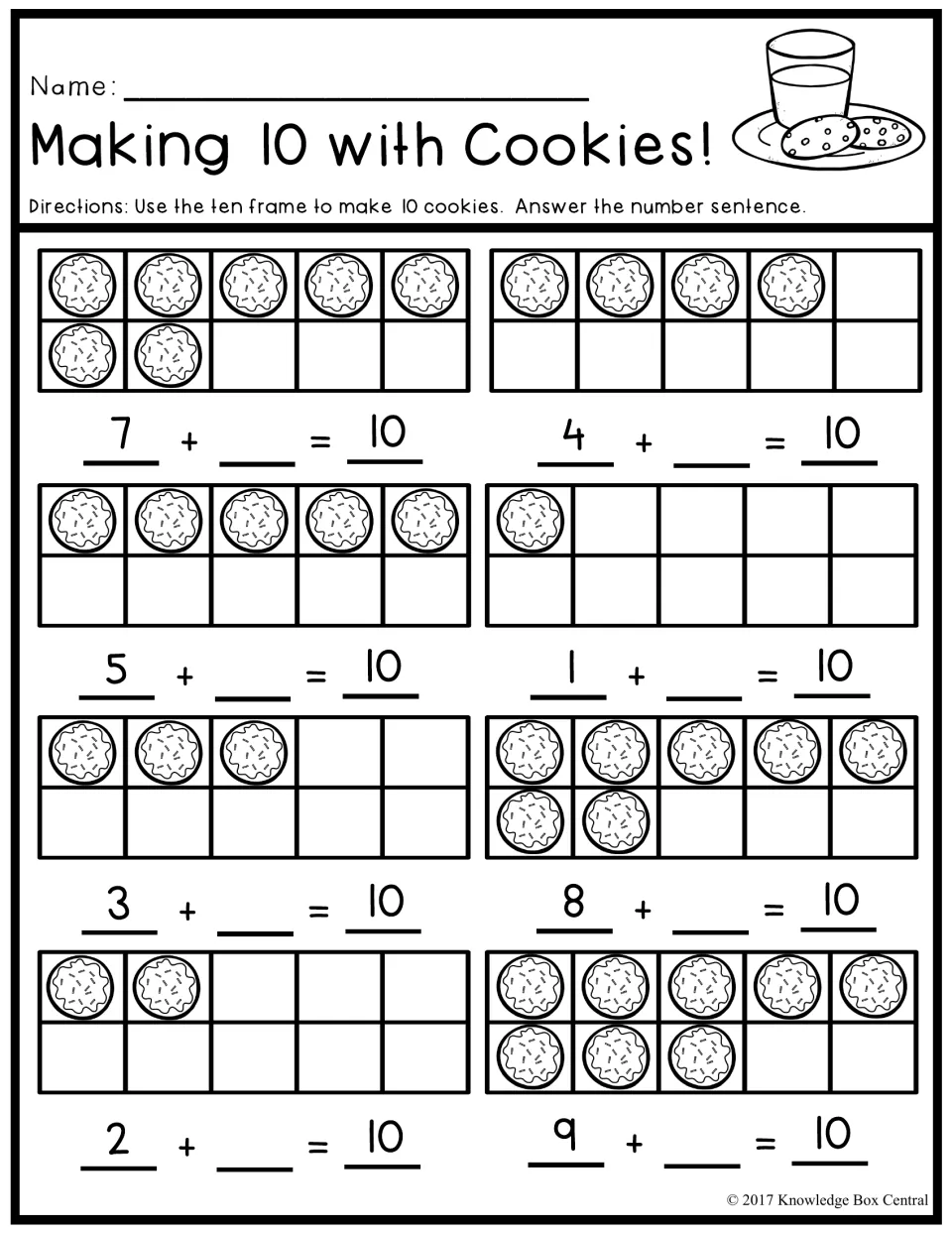 Making 10 with Cookies: students fill ten frames with cookies and complete sums like 7 + __ = 10 and 4 + __ = 10