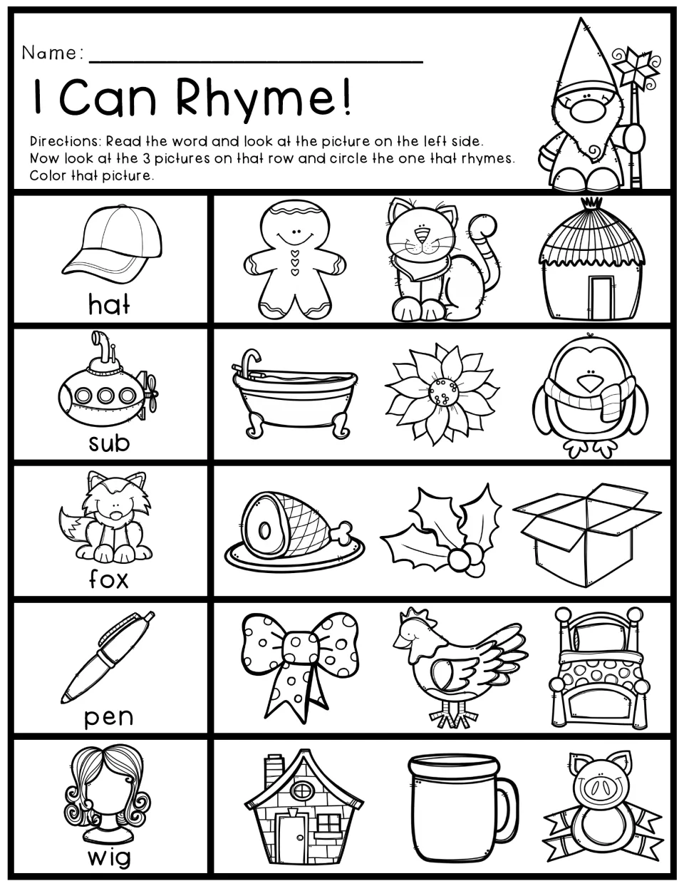 I Can Rhyme: students read hat, sub, fox, pen and wig, then circle and color the picture in each row that rhymes