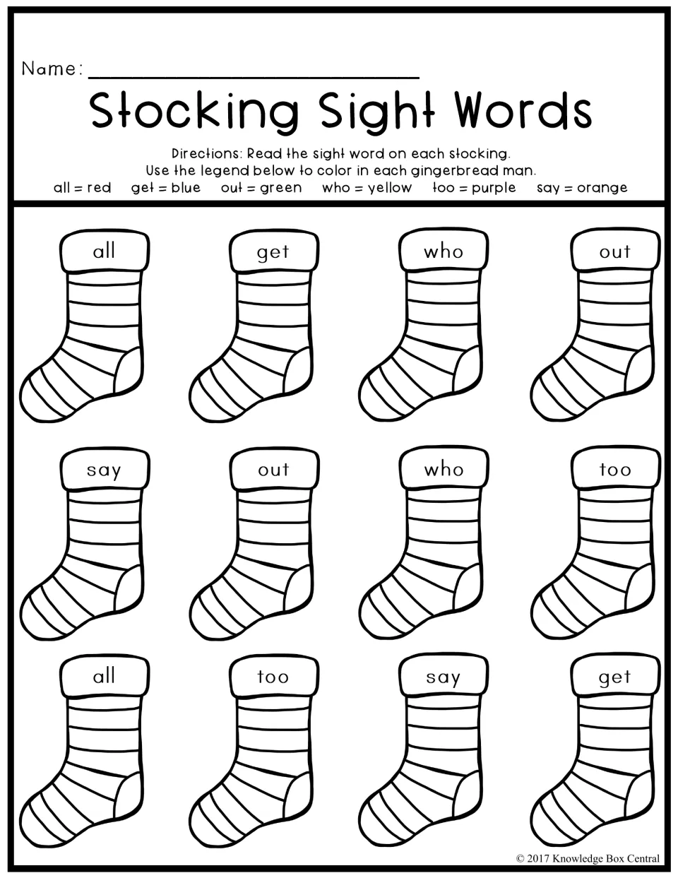 Stocking Sight Words: students read all, get, out, who, too or say on 12 stockings and color each using the color key