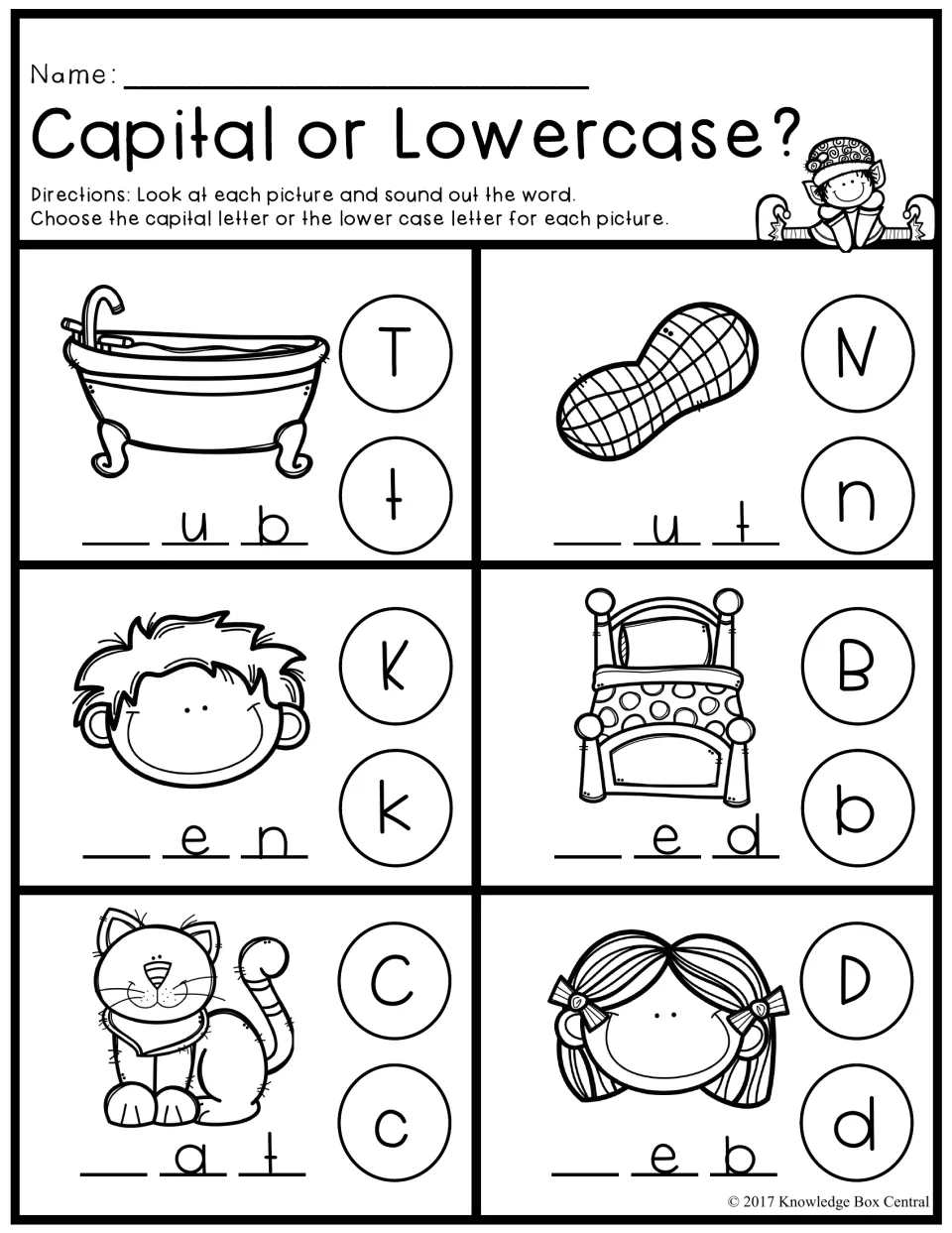 Capital or Lowercase: students sound out tub, nut, ken, bed, cat and deb and choose the capital or lowercase first letter