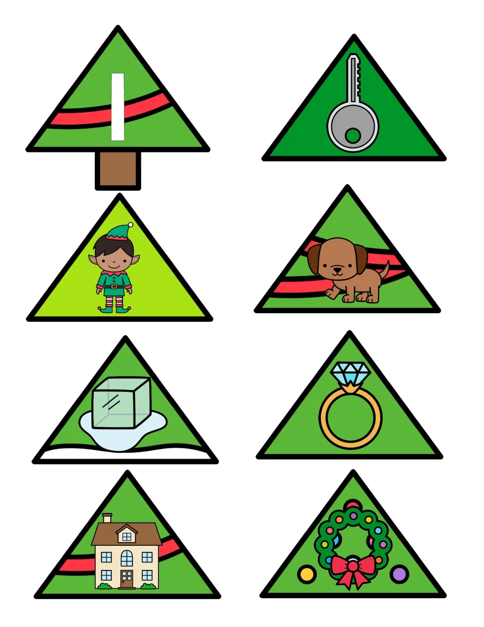 Syllable sorting tree base 1 and seven picture pieces: key, elf, dog, ice, ring, house, and wreath
