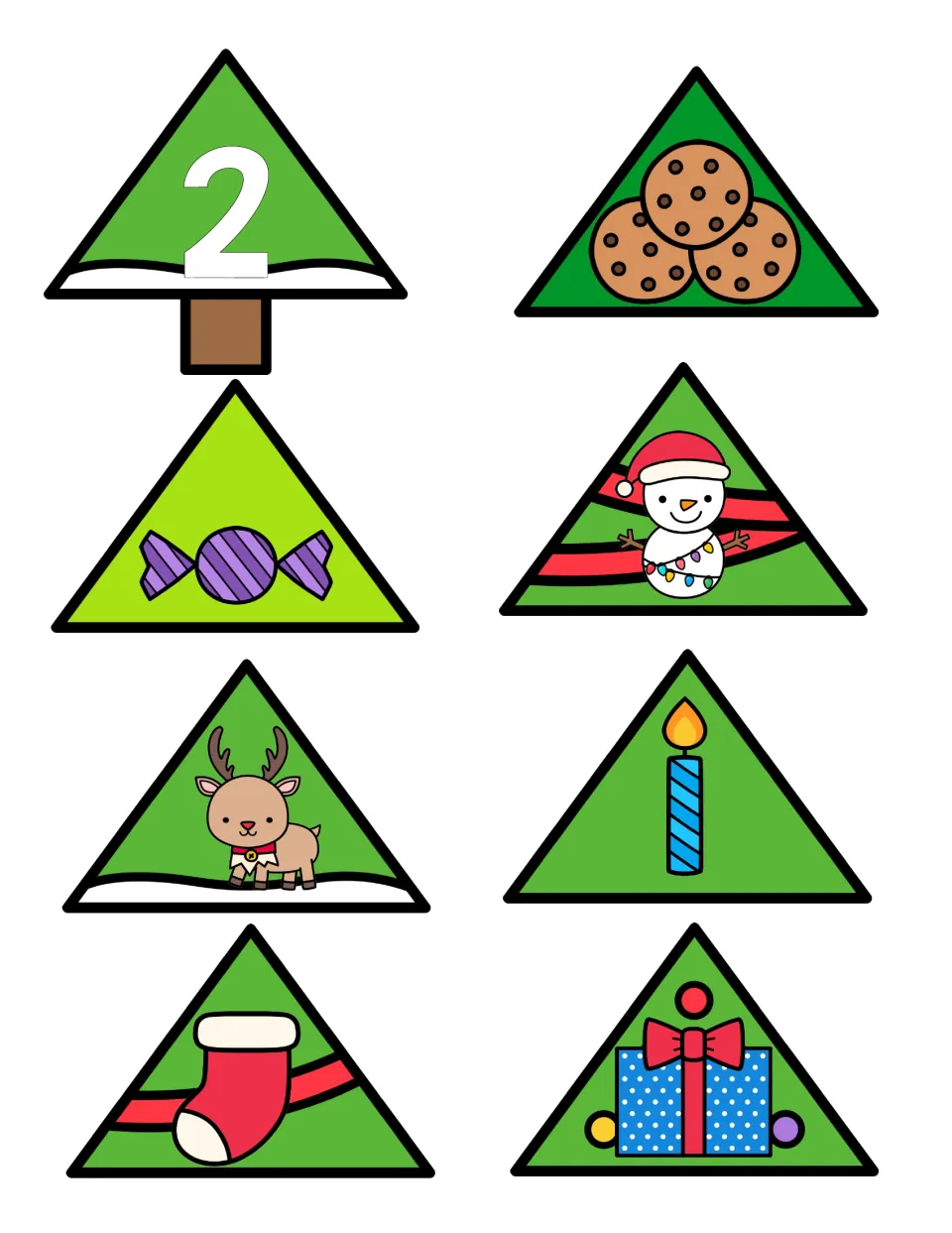 Syllable sorting tree base 2 and pictures of cookies, candy, snowman, reindeer, candle, stocking, and present