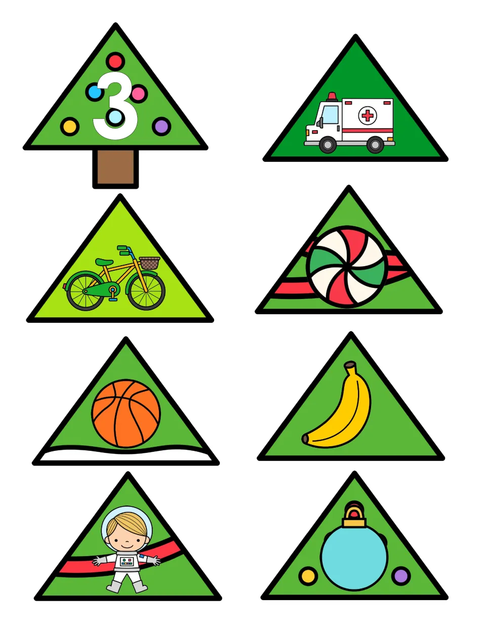 Syllable sorting tree base 3 and seven picture pieces, including ambulance, bicycle, basketball, and banana
