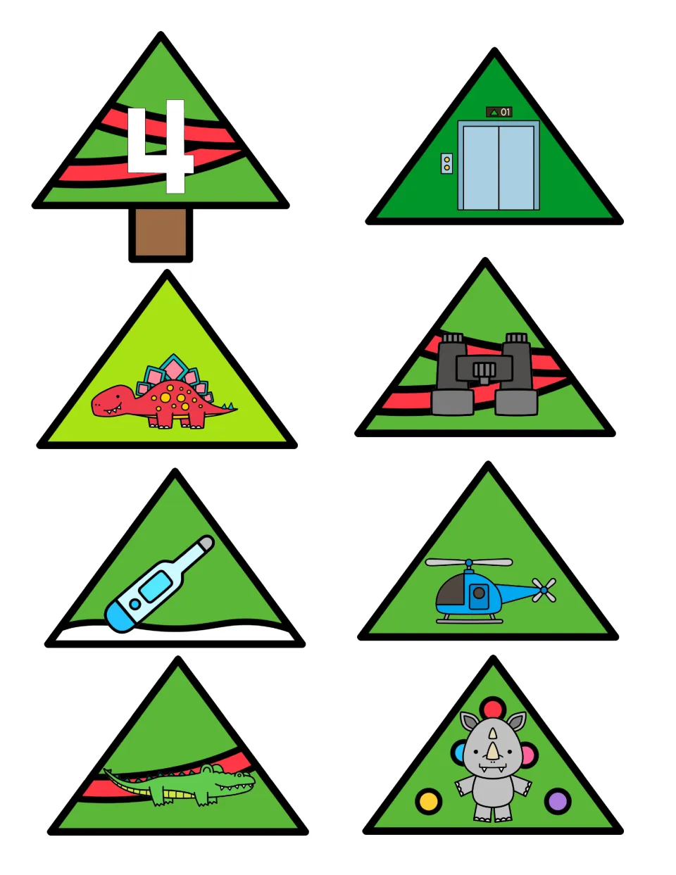 Syllable sorting tree base 4 and seven picture pieces, including elevator, binoculars, and helicopter