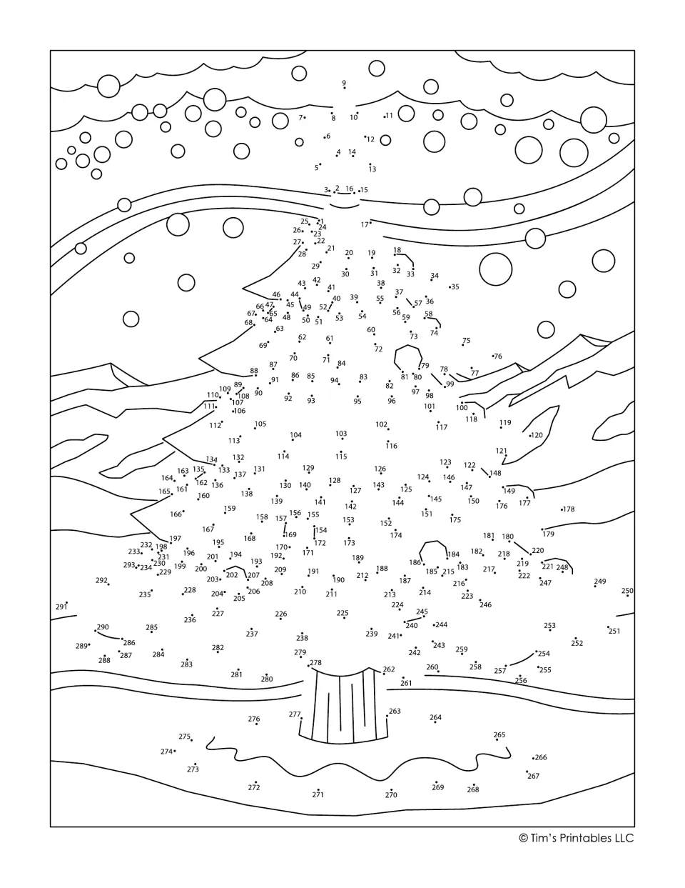 Christmas tree dot-to-dot: students connect dots 1 to 293 in order to reveal a star-topped tree on a snowy hill