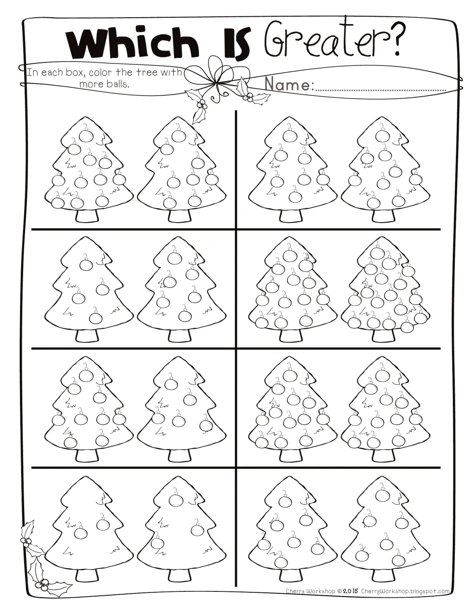 Which Is Greater? Christmas page: color the tree with more ornament balls in each of 8 pairs of trees