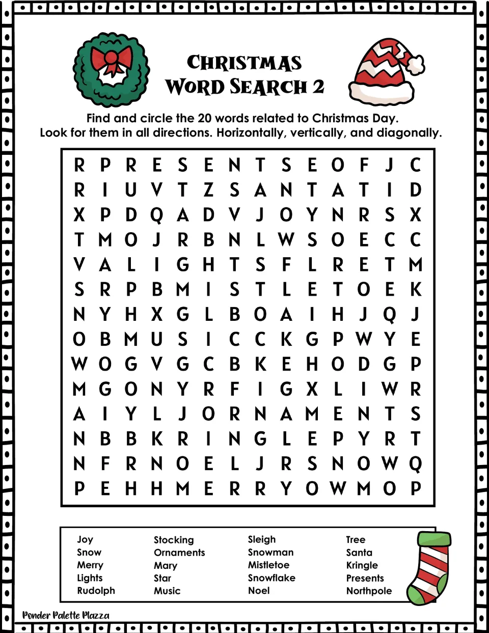Christmas Word Search 2: students hunt for 20 words like Rudolph, Mistletoe, Snowflake and Northpole in all directions