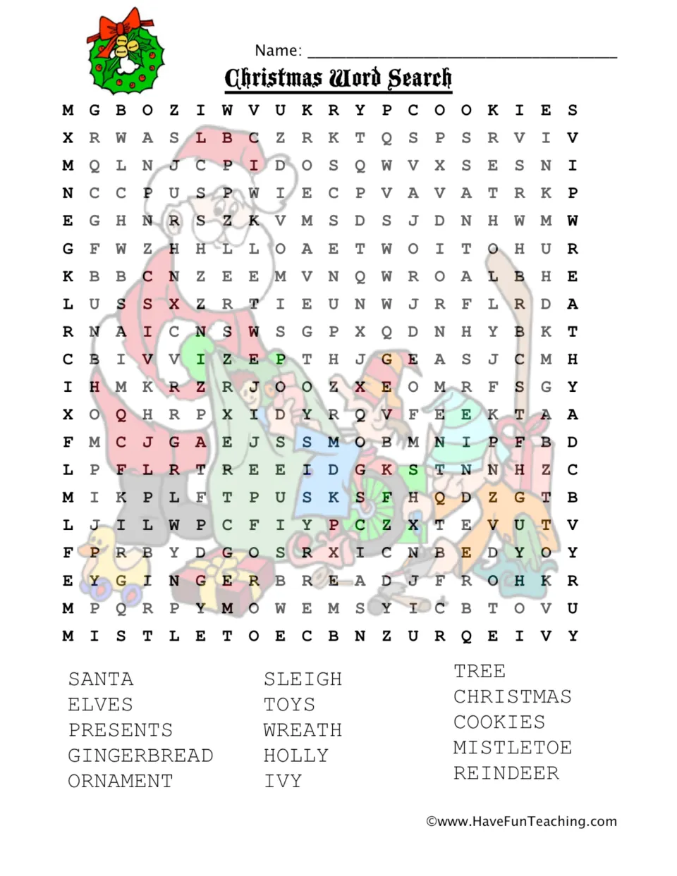 Christmas word search: students hunt for 15 holiday words such as Santa, sleigh, gingerbread, reindeer and mistletoe