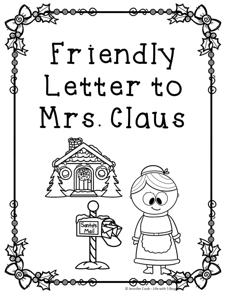 Cover of the friendly-letter writing activity featuring the heading 'Friendly Letter to Mrs. Claus'