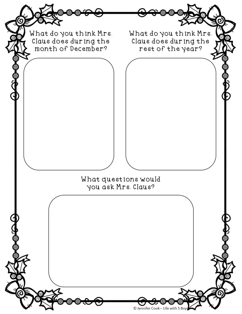 Brainstorming organizer asks what Mrs. Claus does in December and the rest of the year, plus questions for her