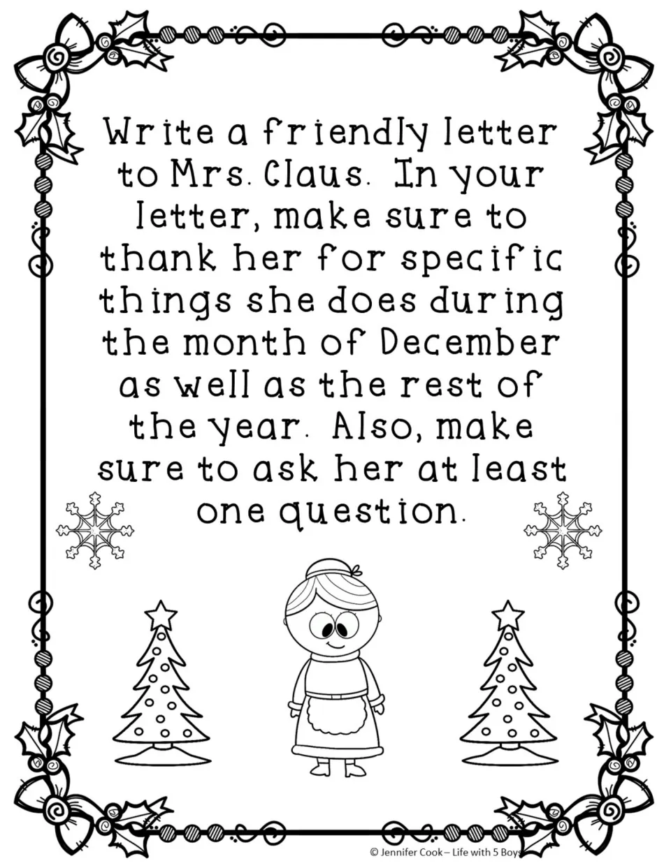 Letter-writing directions ask students to thank Mrs. Claus for specific things and ask her at least one question