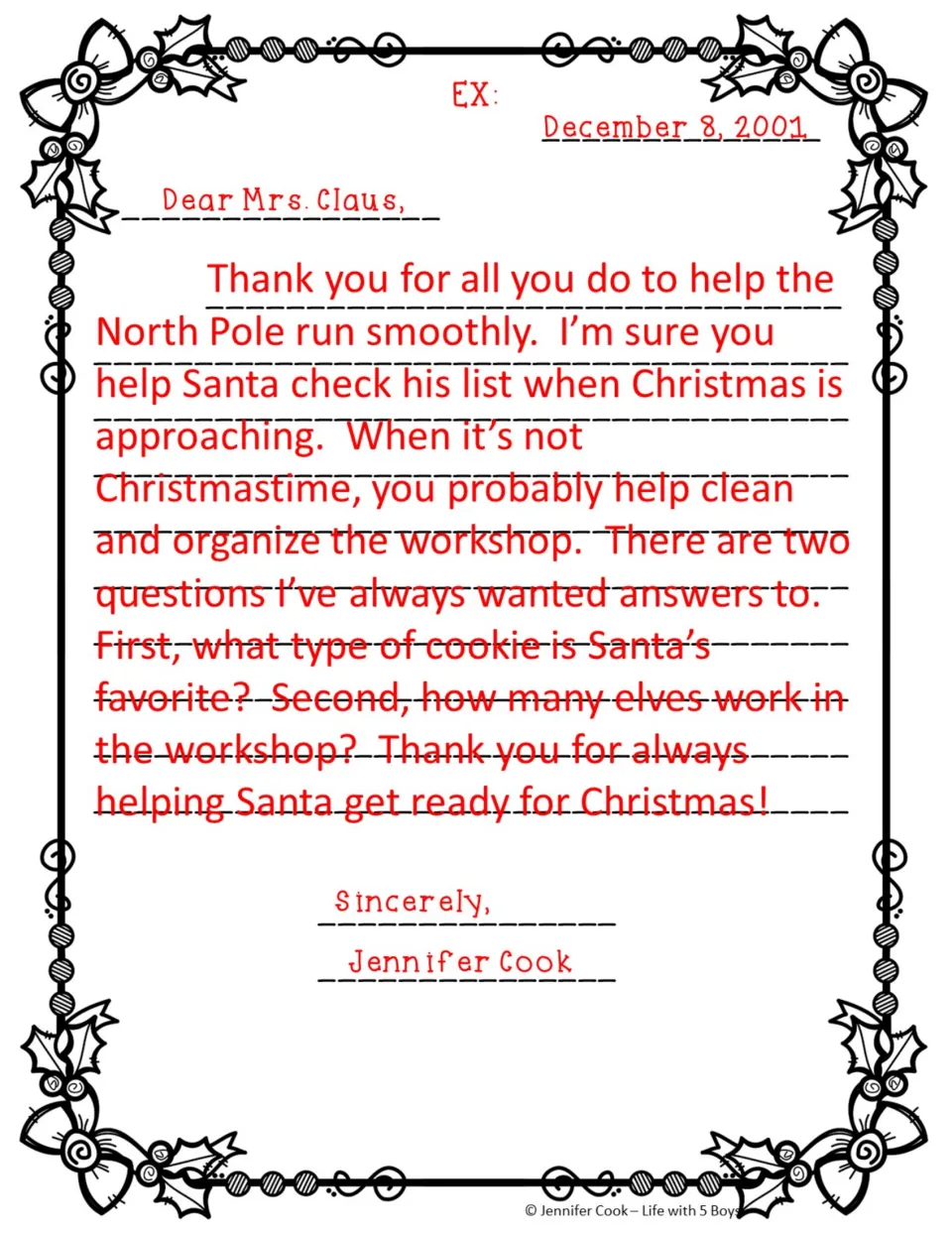 Sample letter thanks Mrs. Claus for helping Santa and asks about his favorite cookie and the number of elves