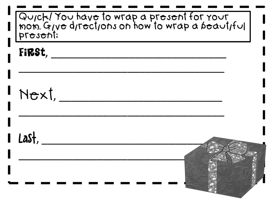 Christmas sequencing prompt asks how to wrap a beautiful present for Mom using first, next, and last