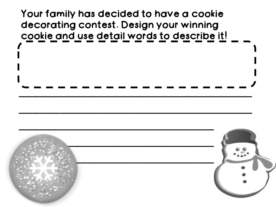 Christmas cookie writing prompt asks students to design a winning cookie and describe it using detail words