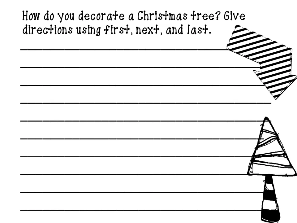 Christmas sequencing prompt asks students to explain how to decorate a tree using first, next, and last