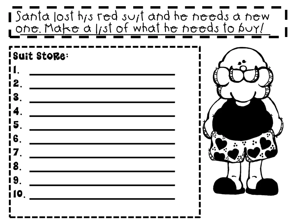 Christmas list-writing prompt asks for ten things Santa needs to buy after losing his red suit