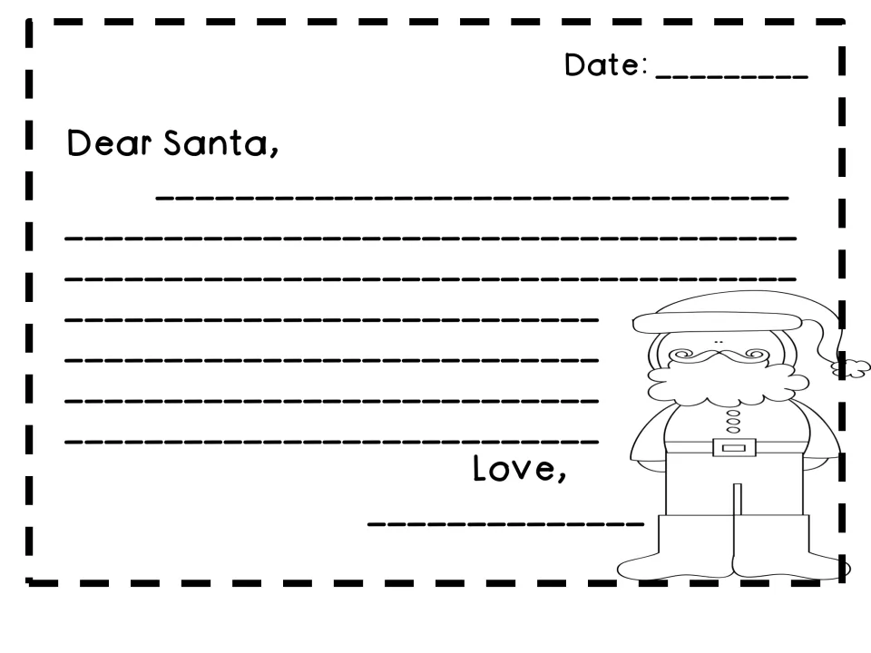 Christmas letter-writing template includes a date, the greeting 'Dear Santa,' and the closing 'Love,'