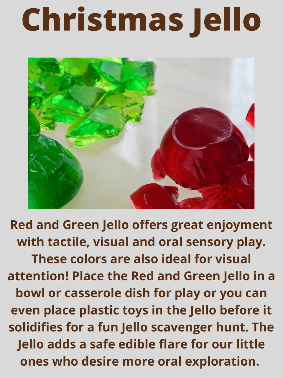 Christmas Jello activity: red and green gelatin sensory play, with optional toys hidden before it sets