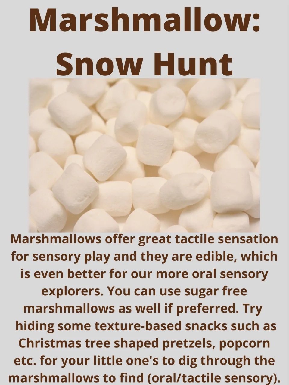 Marshmallow: Snow Hunt activity describes hiding snacks among marshmallows for children to dig through
