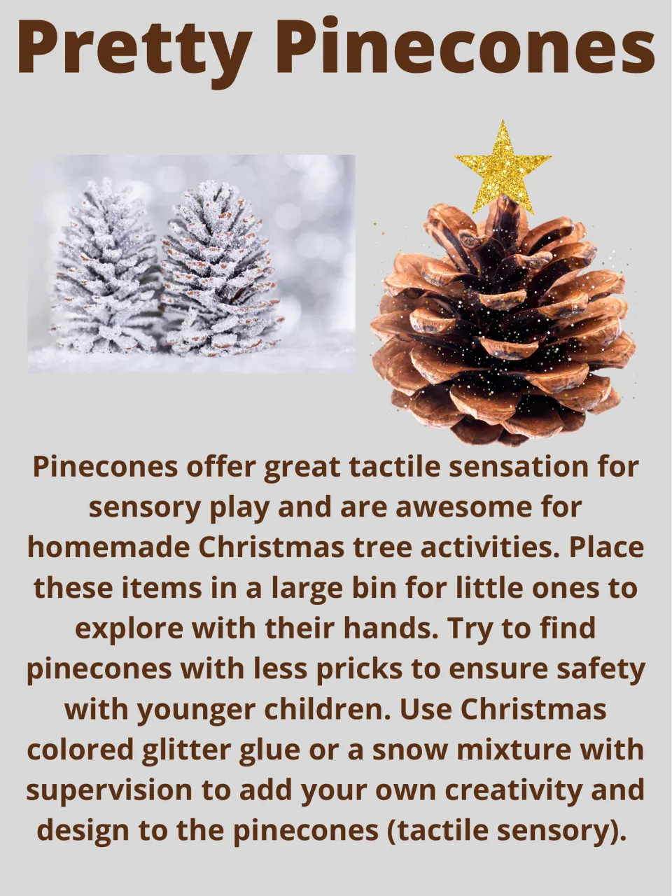 Pretty Pinecones activity describes exploring pinecones by touch and decorating them with glitter glue