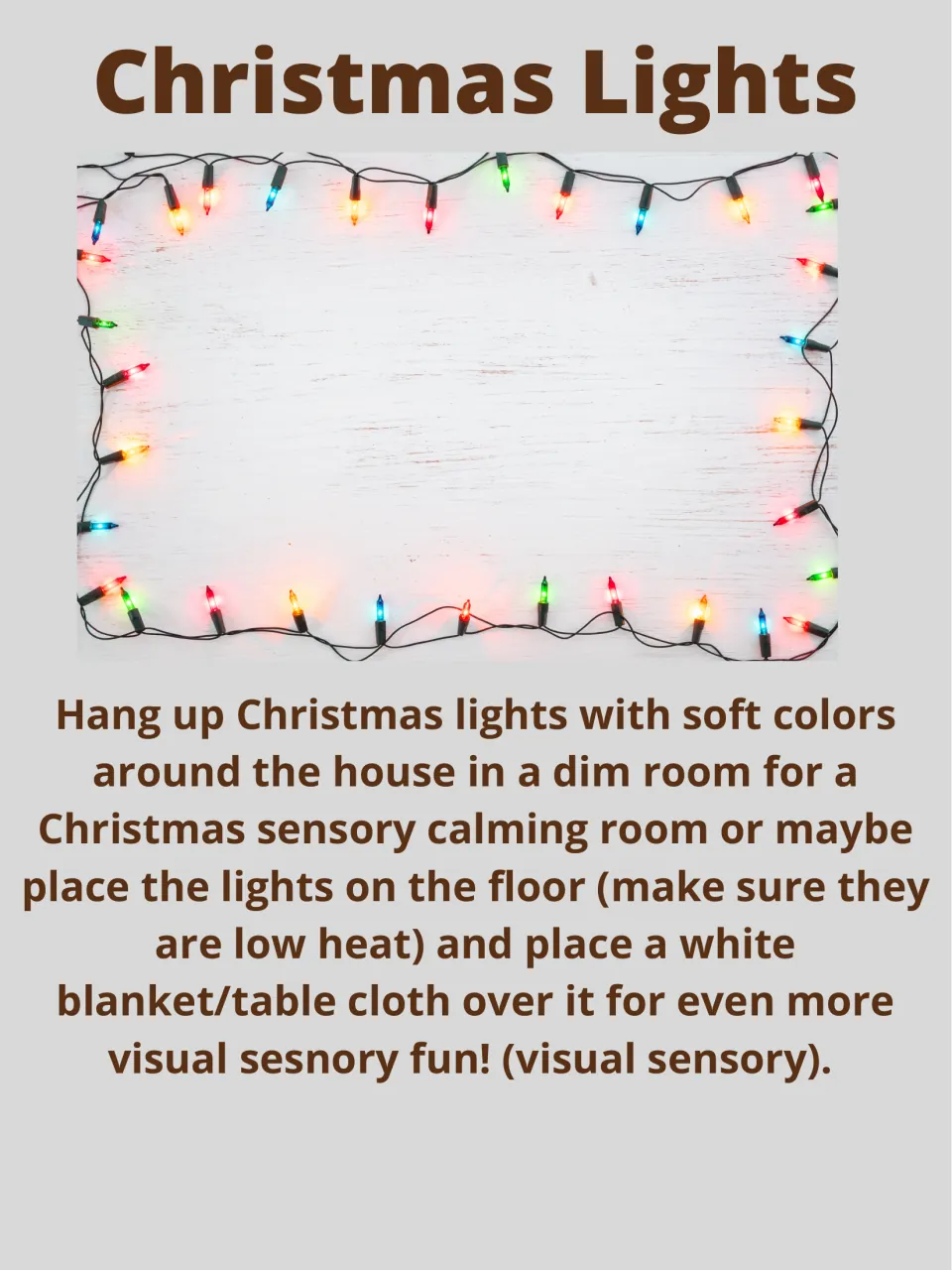 Christmas Lights activity describes soft-colored lights in a dim room for visual sensory exploration