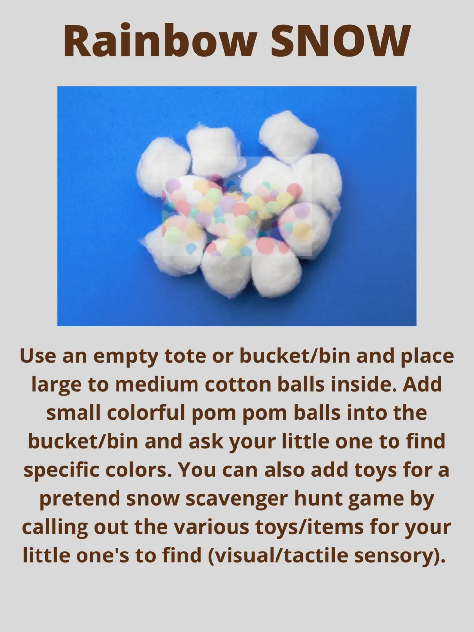 Rainbow Snow activity describes finding colored pom-poms or hidden toys in a bin filled with cotton balls
