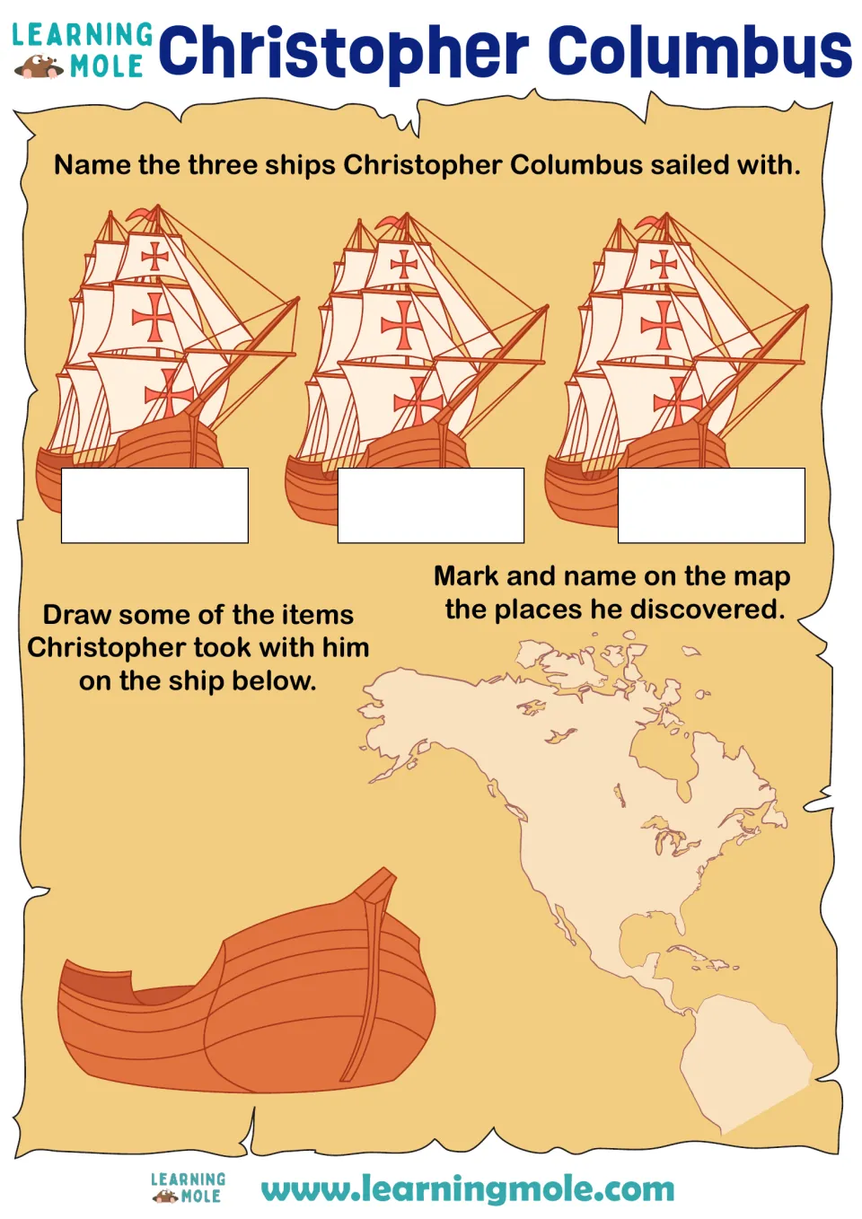 Columbus voyages: students name his three ships, draw supplies in an empty hull and mark places on a map of the Americas