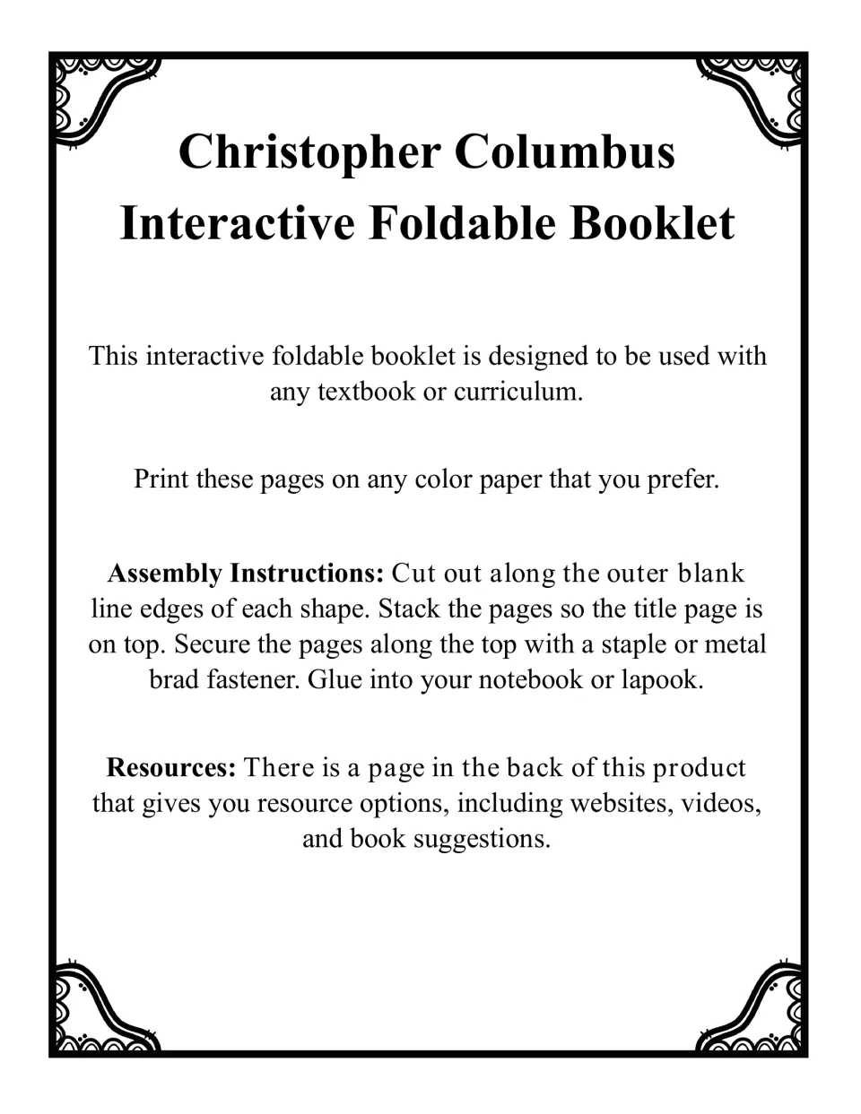 Booklet instructions explain printing, cutting, stacking, fastening, and gluing into a notebook or lapbook
