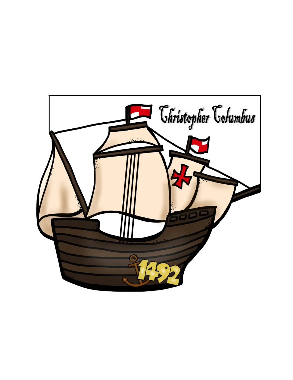 Ship-shaped title page for the assembled booklet shows a sailing ship, Christopher Columbus, and 1492