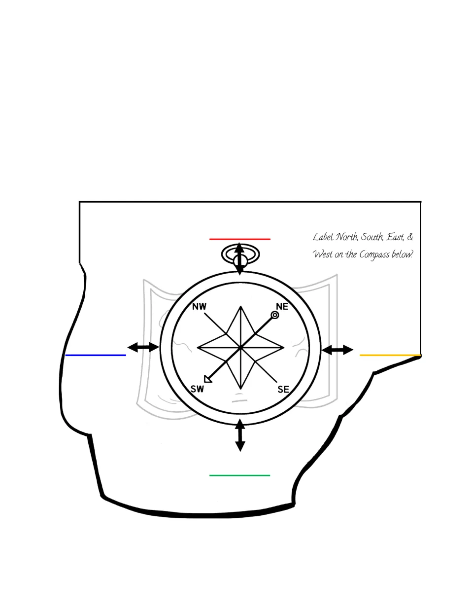Booklet compass activity asks students to label North, South, East, and West; NW, NE, SW, and SE are given