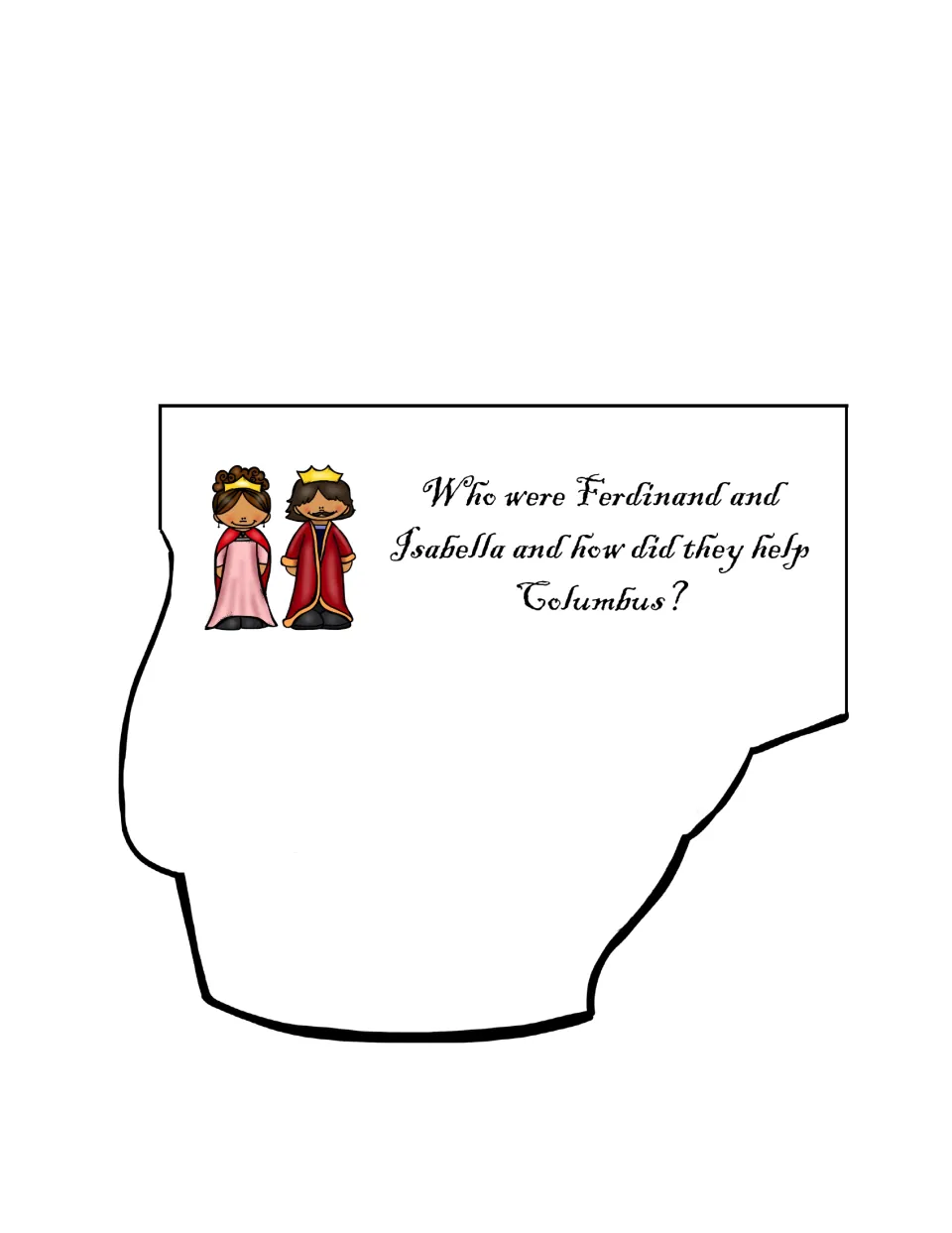 Booklet response page asks who Ferdinand and Isabella were and how they helped Christopher Columbus