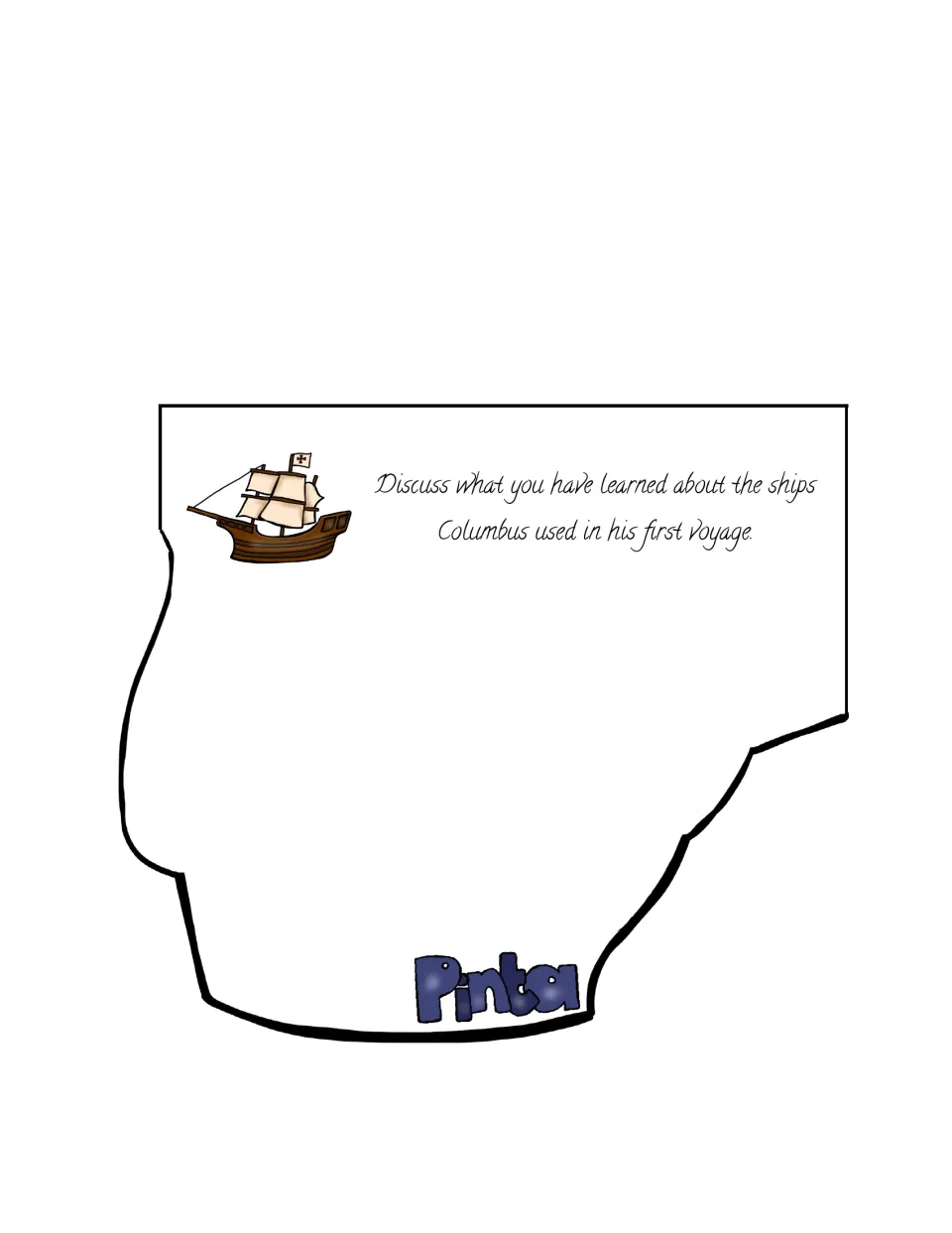 Booklet page labeled “Pinta” asks students to discuss what they learned about ships on Columbus's first voyage