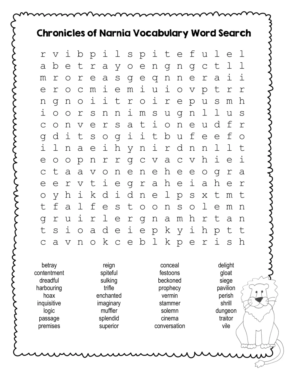 Narnia vocabulary word search: students find 36 words such as betray, prophecy, siege and enchanted hidden in the puzzle