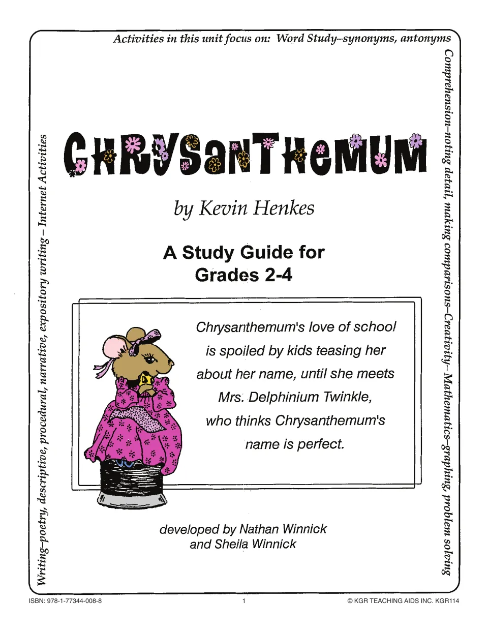 Study guide cover for grades 2–4 introduces Kevin Henkes' story about a mouse teased because of her name