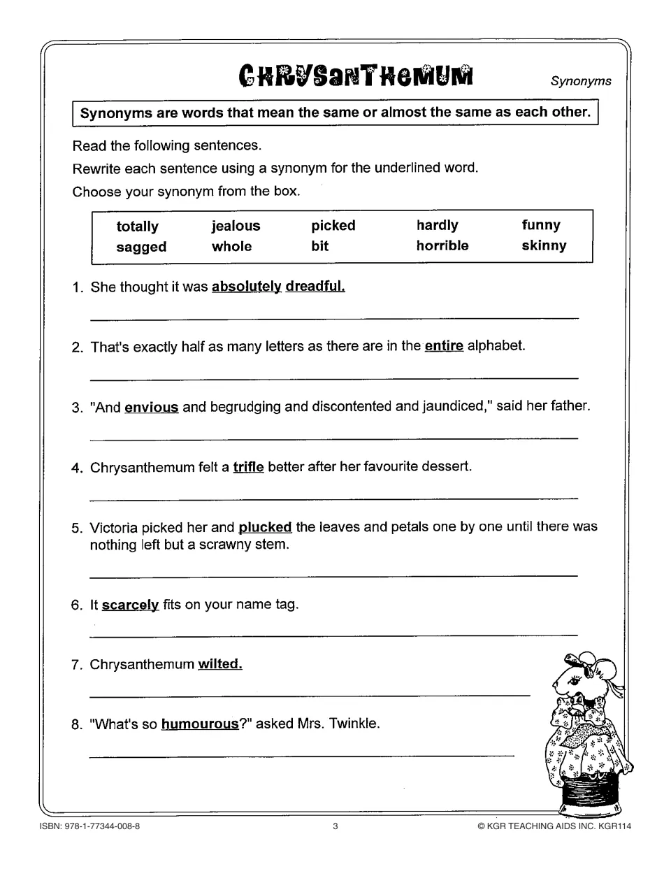 Synonym practice asks students to rewrite eight story sentences using words such as totally, whole, and jealous