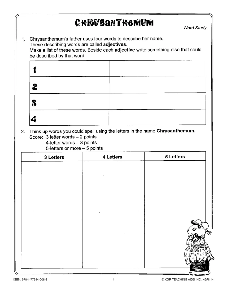 Word study asks for four adjectives describing the name and new words made from the letters in Chrysanthemum
