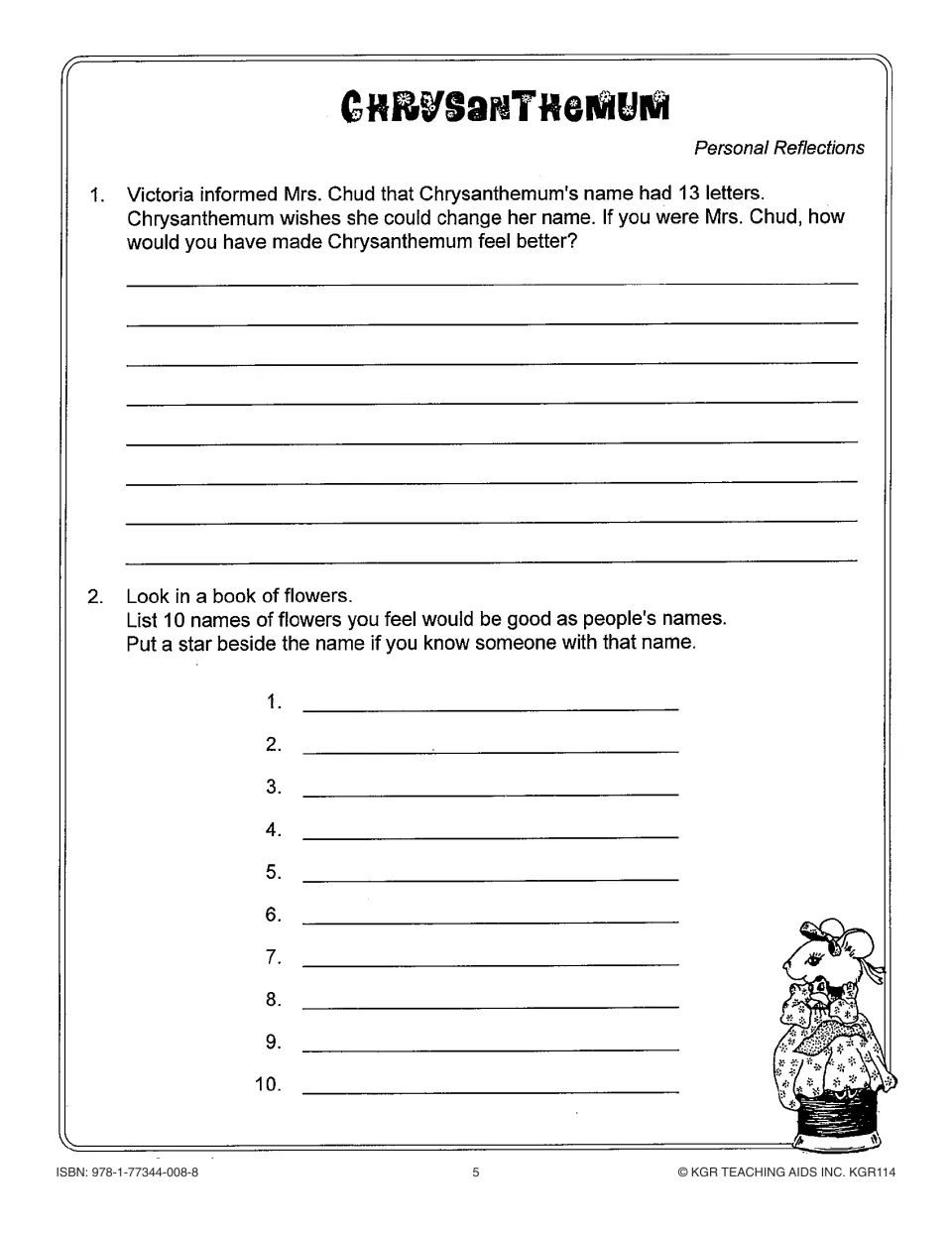 Personal reflection asks how Mrs. Chud could comfort Chrysanthemum and requests ten flowers usable as names