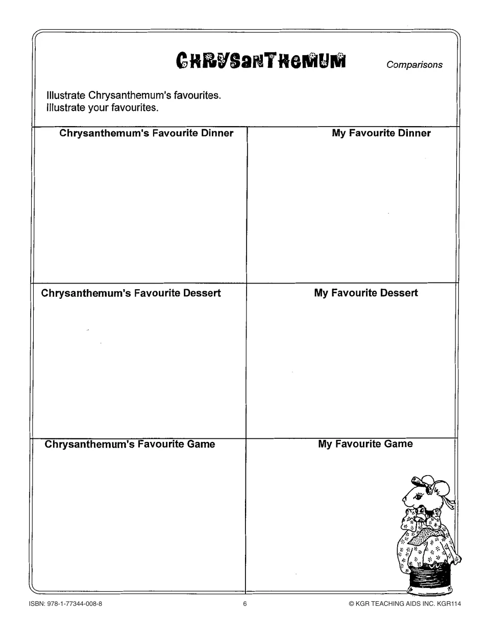 Comparison activity asks students to illustrate Chrysanthemum's favorite dinner, dessert, and game and their own