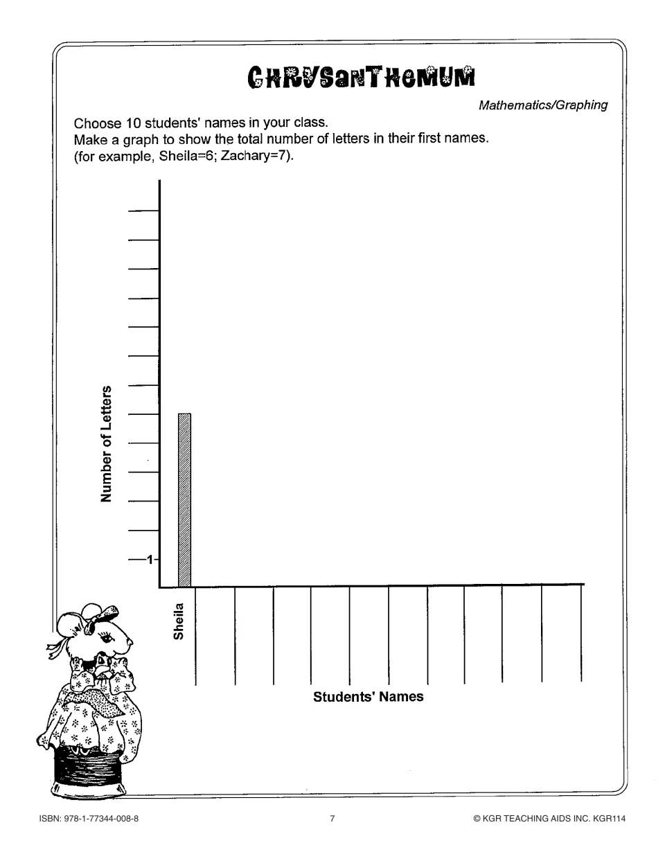 Math activity asks students to graph the number of letters in ten classmates' first names, using Sheila as an example