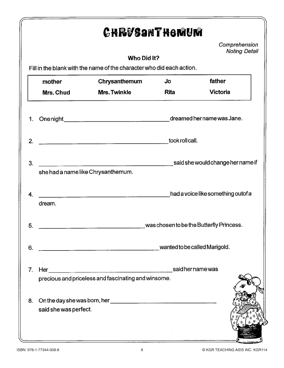 Reading comprehension asks students to identify who performed eight story actions using a bank of character names