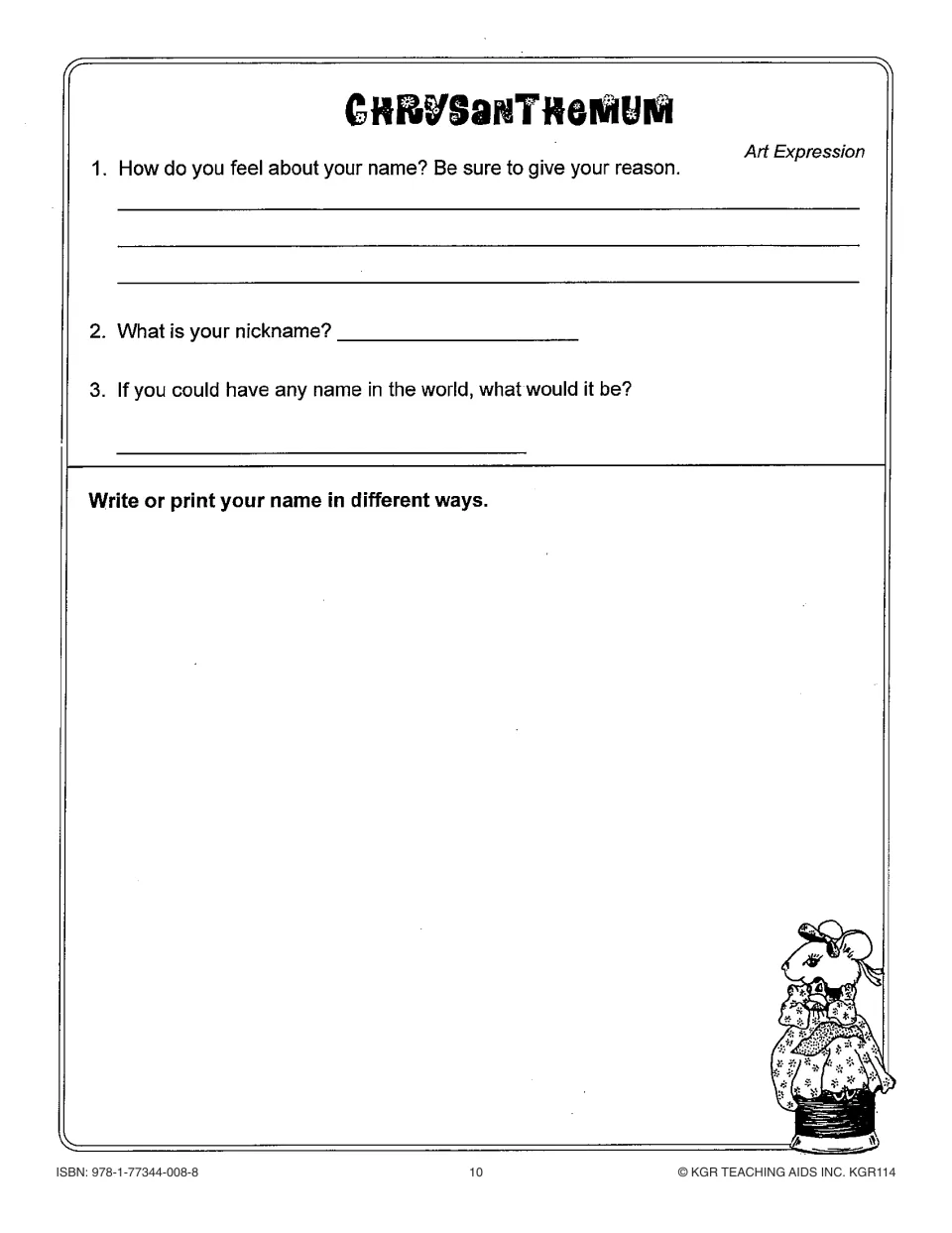 Name reflection asks about feelings, nicknames, and a preferred name, followed by writing one's name in different ways